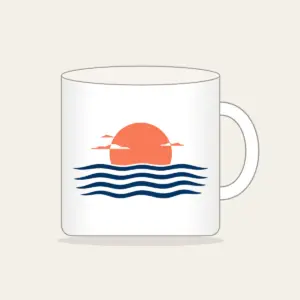 Rising Sun over a Navy Horizon Mug in white: Navy horizon lines meet a small warm coral sun, with a few tiny white clouds.