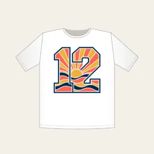 Sunrise Bands Number 12 T-Shirt in white: Sunrise bands in coral, gold and navy with the number “12” and no other text.