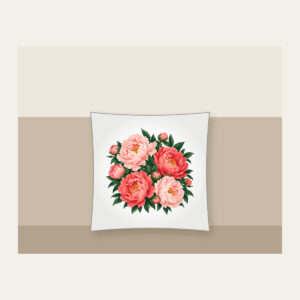 Big Peonies on Deep Green Pillow in white: Large peonies in blush and coral with leaves on a dark green ground.