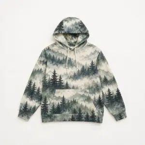 Lightweight Pine Mist All-Over Hoodie with all-over layered pines and mist in slate, sage and cream