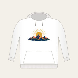 Mountain Range with a Golden Sunrise Disc Hoodie in white: A mountain range at sunrise with a golden sun disc at the center in navy, coral and gold.