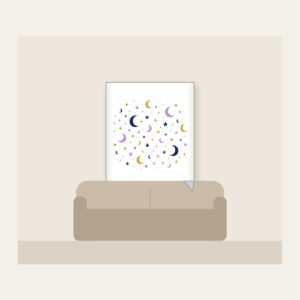 Scattered Stars and Crescents Fleece Blanket in white: Small stars and crescent moons scattered across the night in navy, lilac and gold.