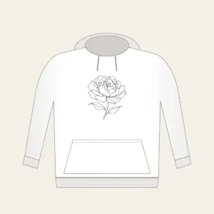 Peony in One Line Hoodie in white: A single peony drawn in one continuous black line with two leaves.
