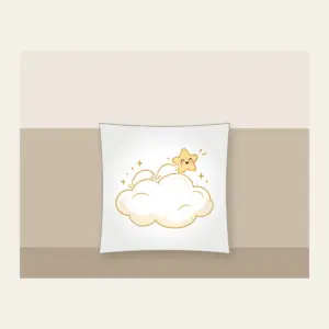 Little Star Hopping on a Cloud Pillow in white: A little star hops across a cloud in white, cream and gold.