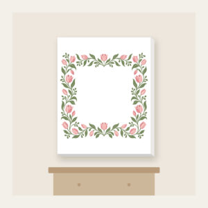 Sage Vine and Tulip Border Canvas Print in white: A border of curling sage vines and blush tulips around an empty center.
