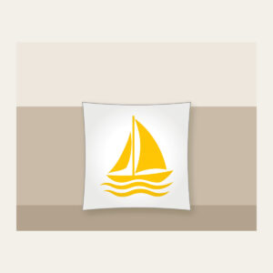 Little Sailboat on Three Ripples Pillow in white: A white and yellow sailboat glides above three ripple lines.