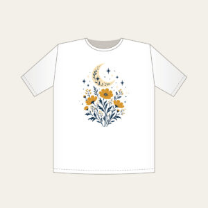 Crescent Moon over Ochre Wildflowers T-Shirt in white: A crescent moon floats over ochre wildflowers and pale star dots on a cream and navy illustration.