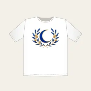 Crescent Moon and Olive Sprigs T-Shirt in white: A centered crescent moon is flanked by olive sprigs in cobalt and gold line art on white.