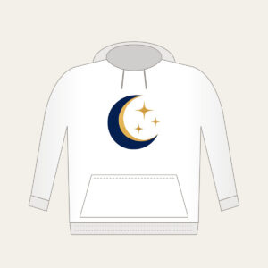 Golden Crescent and Three Stars Hoodie in white: A gold crescent moon and three small stars sit on deep navy.