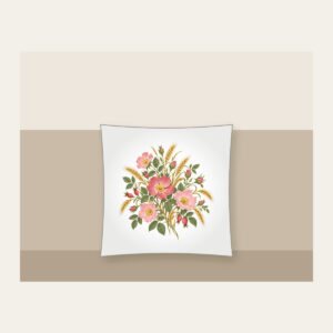 Prairie Roses and Wheat on Cream Pillow in white: Prairie roses and wheat stalks in rose, gold and sage scatter across a cream ground.