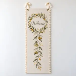 Olive Wreath Linen Lace Welcome Banner with an olive wreath in sage and gold around the word "Welcome" in the upper part of the long narrow banner with a slim olive sprig trailing below