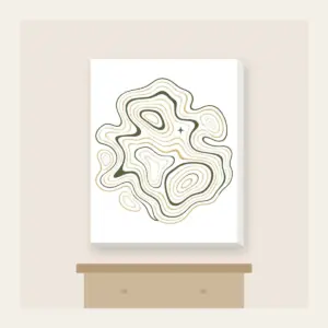 Moss and Sand Contour Map Lines Canvas Print in white: Flowing contour lines in moss, sand and cream, with a single tiny star tucked among them.