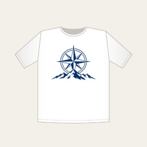 Compass Rose over a Ridge Line T-Shirt in white: A compass rose rests over a simple ridge line in navy and white.