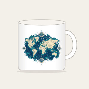 Vintage Map Coastlines and Compasses Mug in white: Vintage-style coastlines and tiny compasses in navy, cream and teal.