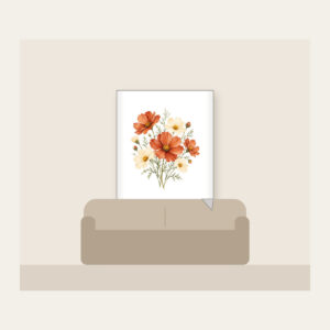 Terracotta Cosmos and Buttery Daisies Fleece Blanket in white: Loose watercolor cosmos in terracotta beside buttery daisies on fine sage stems.