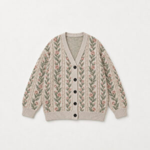 Cable Garden Knit Cardigan with a flat printed cable pattern entwined with small flowers in oatmeal, sage and rose