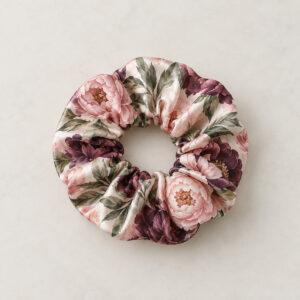 Satin Peony Scrunchie with all-over peony blooms in blush, plum and sage