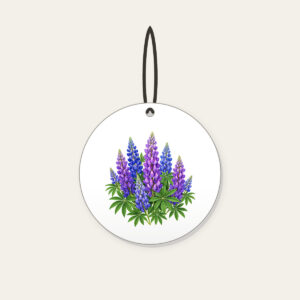 Lupine Spikes in Violet and Blue Ceramic Ornament in white: Tall lupine spikes in violet and blue rise among green leaves.