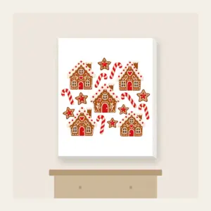 Gingerbread Houses and Candy Canes Canvas Print in white: Little gingerbread houses, candy canes and stars dance across cream in brown and red.