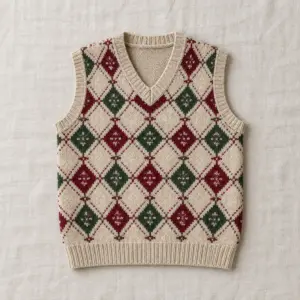 Knitted V-neck vest with oatmeal and cranberry diamond pattern
