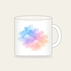 Watercolor Dawn Sky Gradient Mug in white: A watercolor gradient drifts from pale blue to lilac to peach with cloud edges.