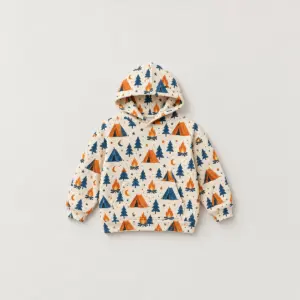 Campfire Stars Youth All-Over Hoodie with all-over repeat of small tents, campfires and stars in orange, navy and cream