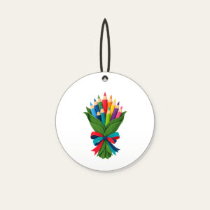 Pencil Bouquet Ceramic Ornament in white: Colored pencils gathered like a bouquet in a green leaf wrapping with a red, teal and navy ribbon.