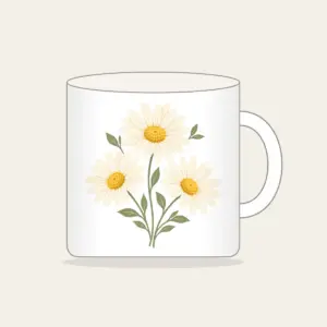 Three Daisies in Butter Yellow Mug in white: Three daisies with tiny leaves in cream, butter yellow and sage.