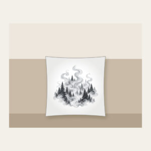 Campfire Smoke Curls Through Pines Pillow in white: Wisps of smoke curl upward between dark pine silhouettes in muted greys.