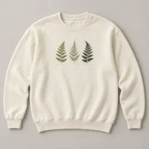 Fern Study Fleece Sweatshirt with small front chest flat printed botanical study of three fern fronds in olive, sage and dark forest green with fine dotted underlines