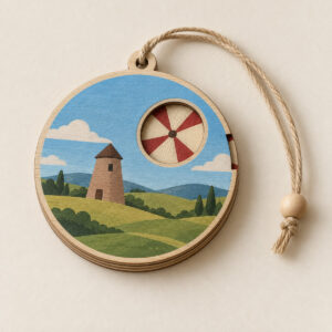 Little Windmill Rotating Wood Ornament with a circular viewing window