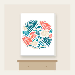 Palm Fronds and Wave Lines Canvas Print in white: Palm fronds and flowing wave lines in teal, coral and cream.