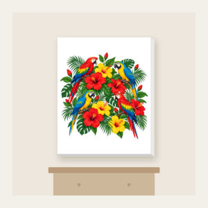 Parrots Among Red Hibiscus Canvas Print in white: Parrots perch among hibiscus flowers in red, green and yellow.