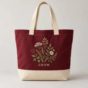 Claret two-tone canvas tote embroidered with a garden sprig and the word GROW