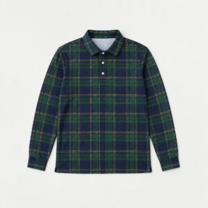 Fairway Plaid Long Sleeve Polo with all-over plaid of green and navy with fine gold lines