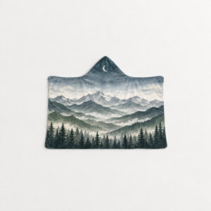 Quiet Peaks Hooded Blanket with all-over mountain range in layered slate and sage with a pine-tree border along the hem and a tiny moon on the hood