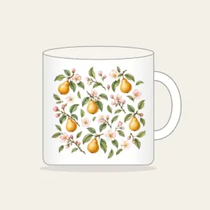 Golden Pears and Blush Blossoms Mug in white: Small golden pears, blush blossoms and sage leaves scatter across an airy white ground.