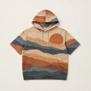 Sunny Ridge Short-Sleeve Hoodie with all-over layered ridges and a sun in terracotta, sand and slate