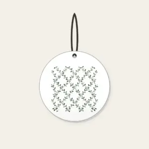 Forest Green Trellis with Tiny Leaves Ceramic Ornament in white: Trellis lines with small leaves in forest green, cream and sage repeat all over.