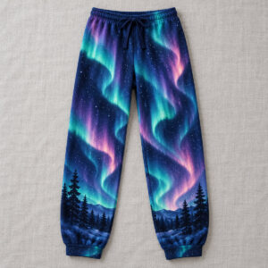 Flat-laid pajama pants with teal and violet aurora print and pine silhouettes