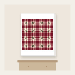 Burgundy Tartan with Leaf Sprigs Canvas Print in white: Burgundy and cream tartan with small leaf sprigs at the intersections.