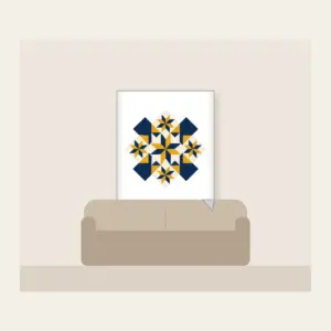 Mustard and Navy Patchwork of Stars Fleece Blanket in white: A patchwork of stars and diamonds in navy, mustard and cream.