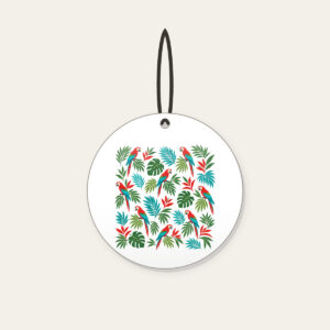 Parrots and Palm Leaves Repeat Ceramic Ornament in white: Small parrots and palm leaves repeat in red, turquoise and green on cream.