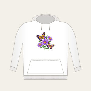 Two Butterflies and Three Daisies Hoodie in white: Two butterflies hover near three daisies in purple and yellow.
