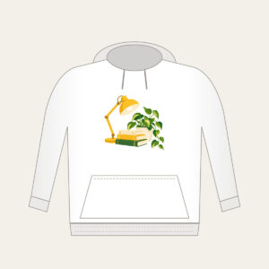 Lamplit Desk with Books and Fern Hoodie in white: A warm yellow desk lamp glows beside a stack of books and a potted plant in cream and green.