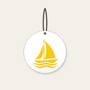 Little Sailboat on Three Ripples Ceramic Ornament in white: A white and yellow sailboat glides above three ripple lines.
