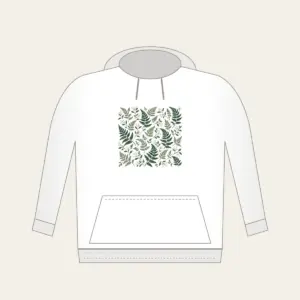 Fern and Berry Repeat Hoodie in white: A repeat of ferns and tiny berries in sage, deep green and cream.