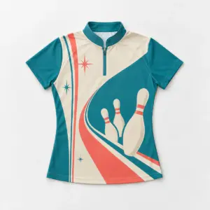 Retro Lanes Bowling Jersey with all-over bowling pins and stripes in teal, cream and coral