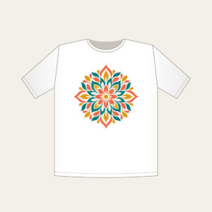 Petal Mosaic Kaleidoscope T-Shirt in white: Symmetrical petal mosaics in coral, teal, mustard and cream.