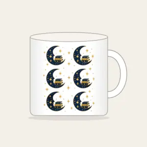 Crescent Moon with a Stack of Books Mug in white: A crescent moon holds a small stack of books among tiny stars in navy and gold.